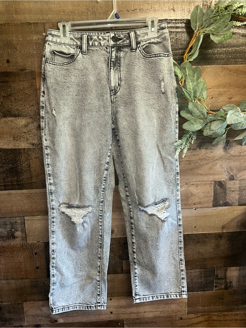 SO Women's Straight Leg Distressed Gray Jeans